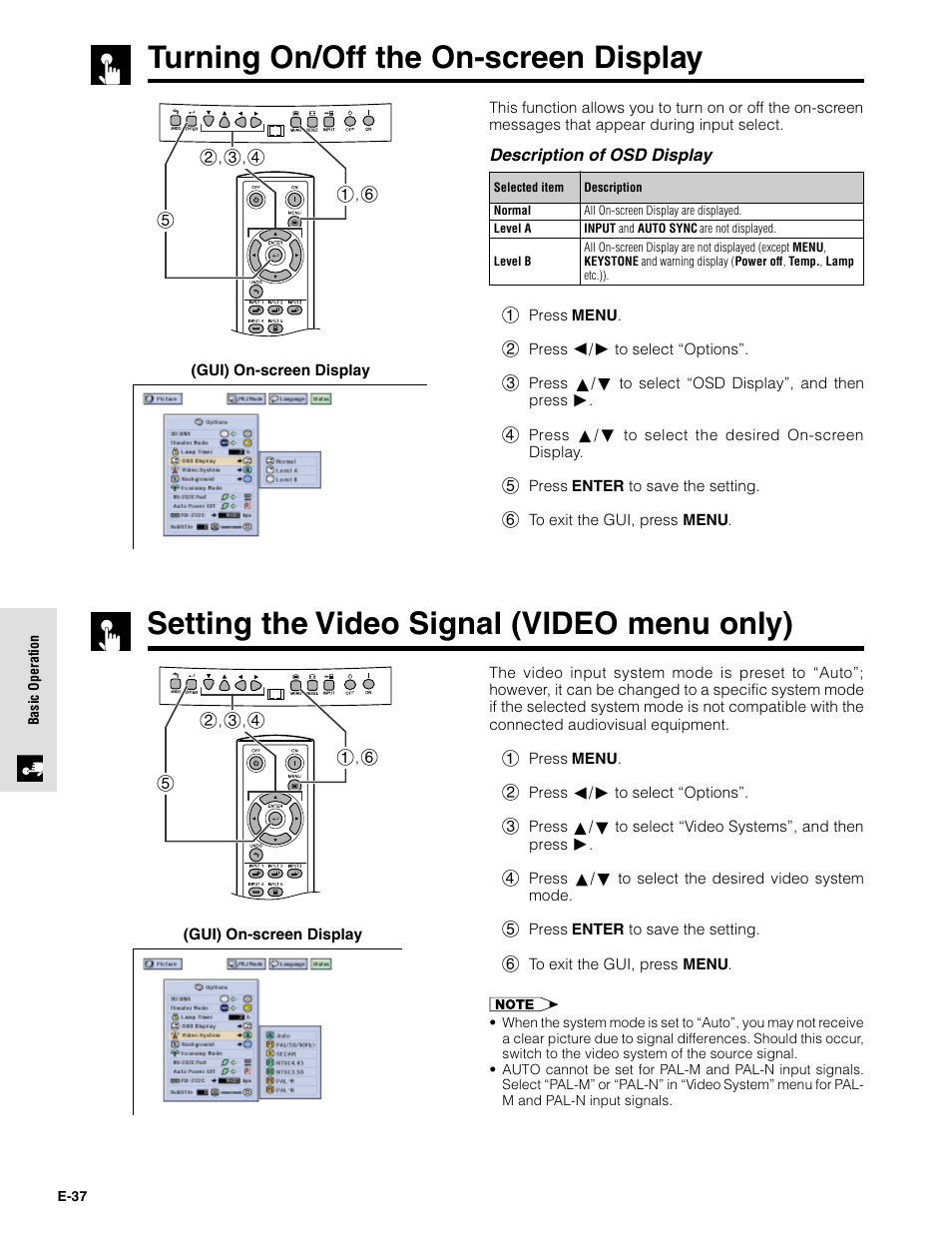 Turning on/off the on-screen display, Setting the video signal (video menu only) | Sharpvision XV-Z9000U User Manual | Page 37 / 61