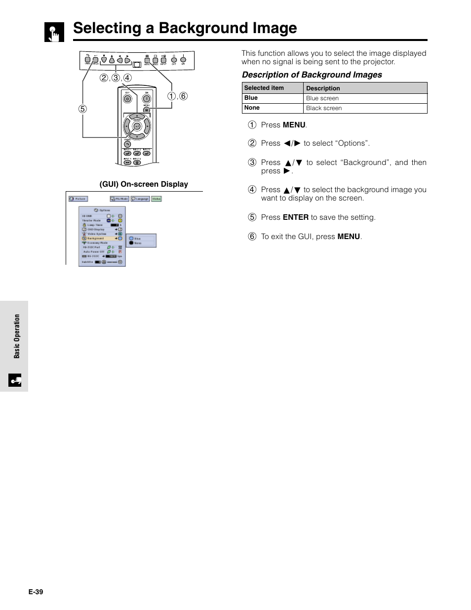 Selecting a background image | Sharpvision XV-Z9000U User Manual | Page 39 / 61