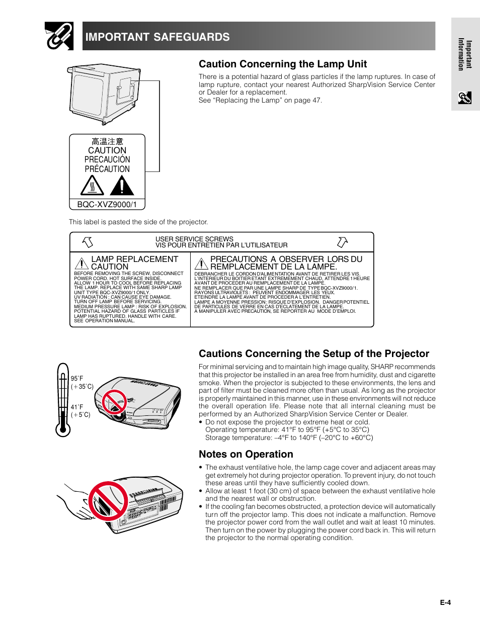 Important safeguards, Caution concerning the lamp unit, Cautions concerning the setup of the projector | Sharpvision XV-Z9000U User Manual | Page 4 / 61