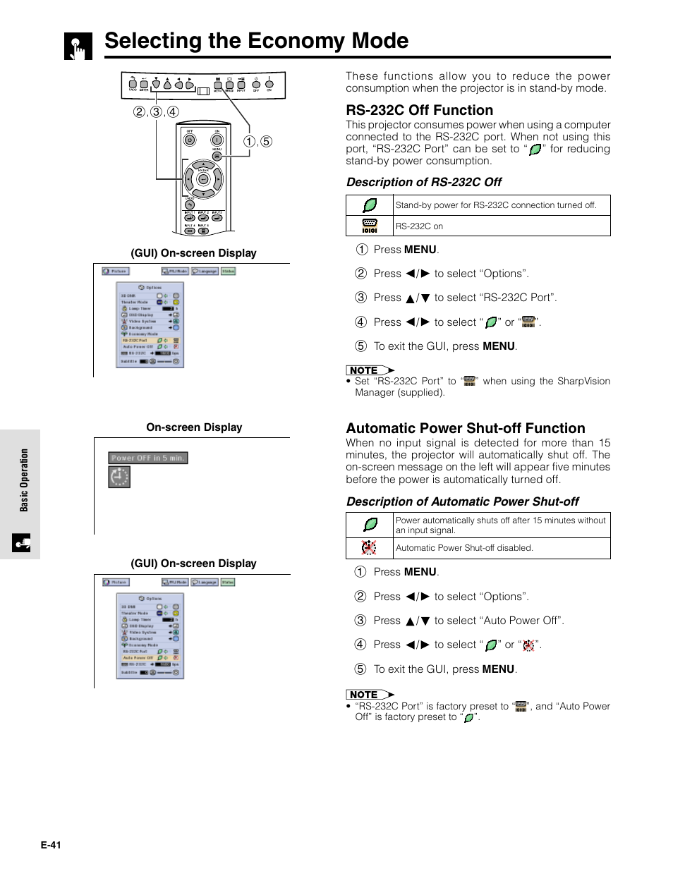Selecting the economy mode, Rs-232c off function, Automatic power shut-off function | Sharpvision XV-Z9000U User Manual | Page 41 / 61