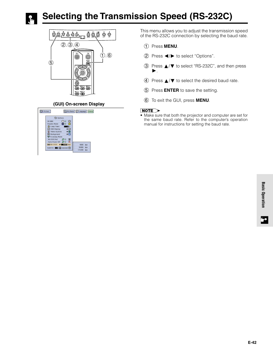 Selecting the transmission speed (rs-232c) | Sharpvision XV-Z9000U User Manual | Page 42 / 61