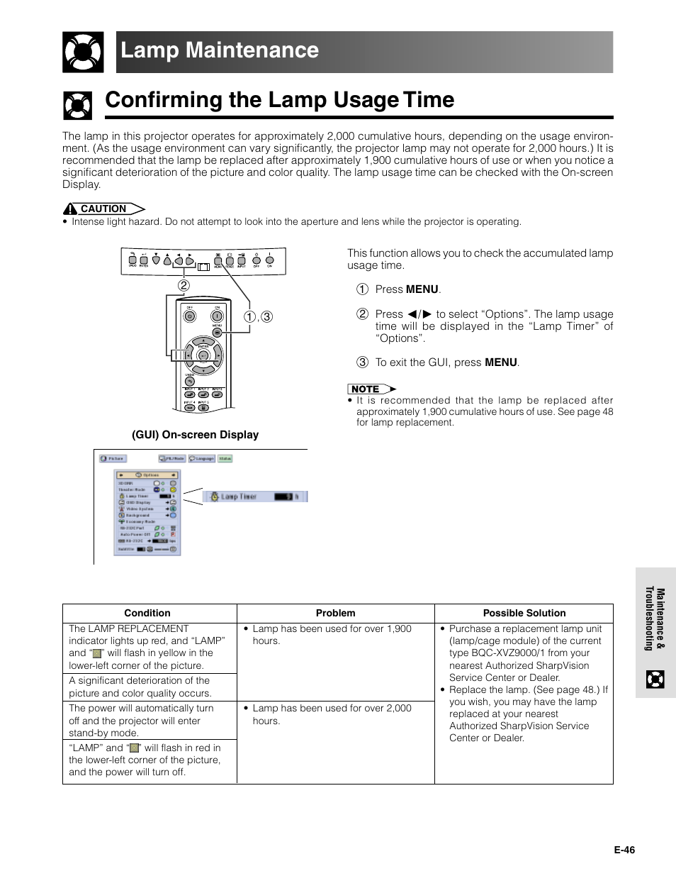 Confirming the lamp usage time lamp maintenance | Sharpvision XV-Z9000U User Manual | Page 46 / 61