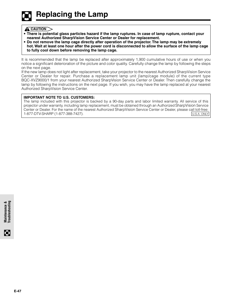Replacing the lamp | Sharpvision XV-Z9000U User Manual | Page 47 / 61