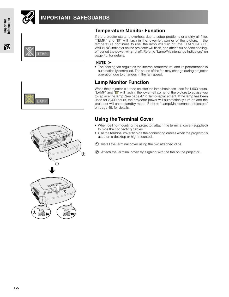 Important safeguards, Temperature monitor function, Lamp monitor function | Using the terminal cover | Sharpvision XV-Z9000U User Manual | Page 5 / 61