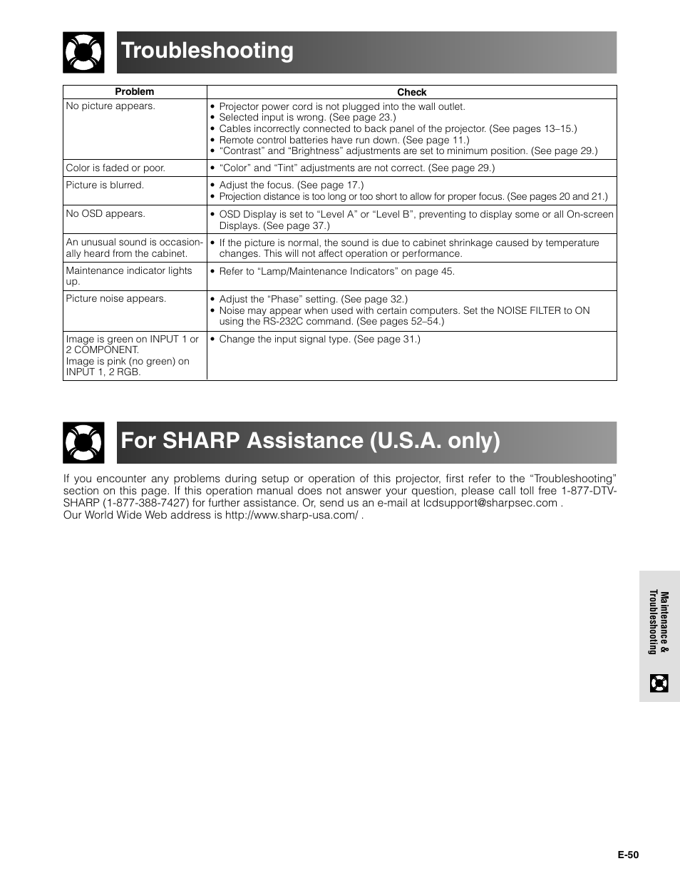 Troubleshooting, For sharp assistance (u.s.a. only) | Sharpvision XV-Z9000U User Manual | Page 50 / 61