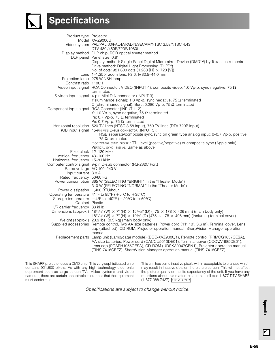 Specifications | Sharpvision XV-Z9000U User Manual | Page 58 / 61
