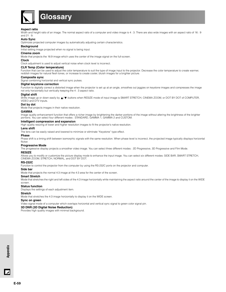 Glossary | Sharpvision XV-Z9000U User Manual | Page 59 / 61