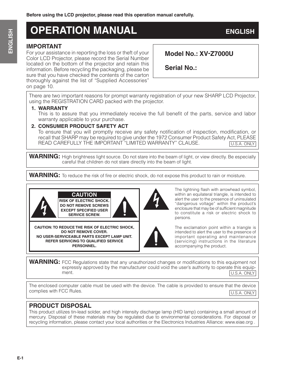 Sharpvision XV-Z7000U User Manual | 48 pages