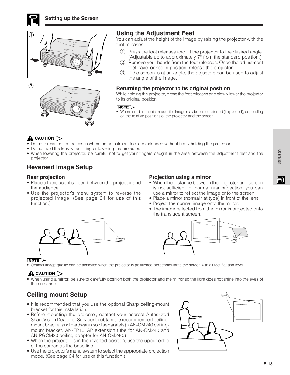 Using the adjustment feet, Reversed image setup, Ceiling-mount setup | Sharpvision XV-Z7000U User Manual | Page 18 / 48