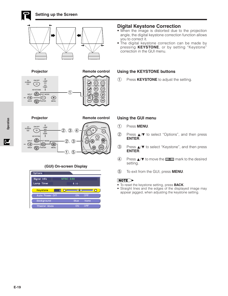Digital keystone correction, Setting up the screen, Using the gui menu | Using the keystone buttons, Projector, 1press menu . 2 press, Gui) on-screen display projector remote control, 1press keystone to adjust the setting | Sharpvision XV-Z7000U User Manual | Page 19 / 48