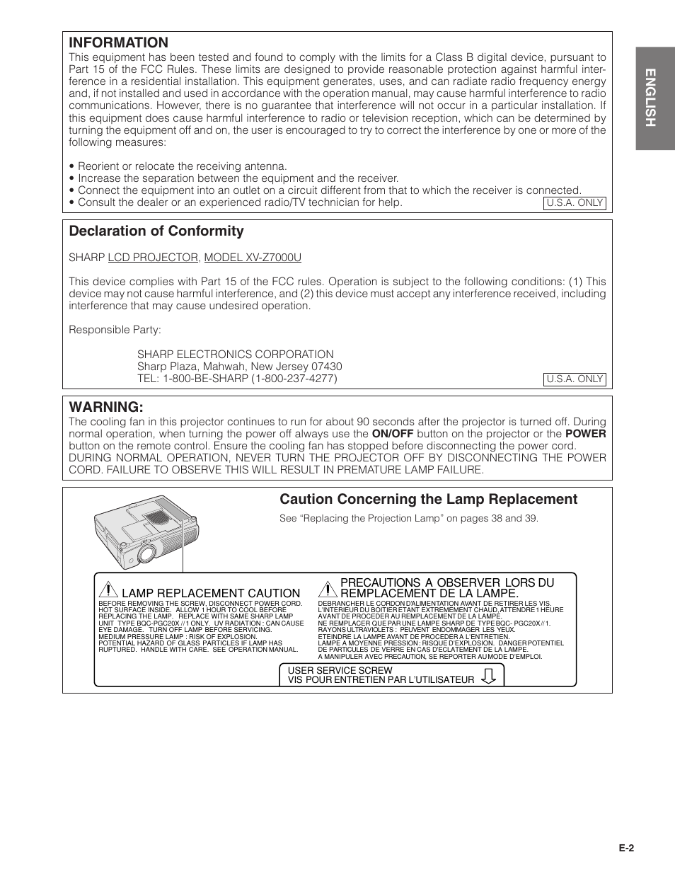 Warning, Declaration of conformity, Information | Caution concerning the lamp replacement | Sharpvision XV-Z7000U User Manual | Page 2 / 48