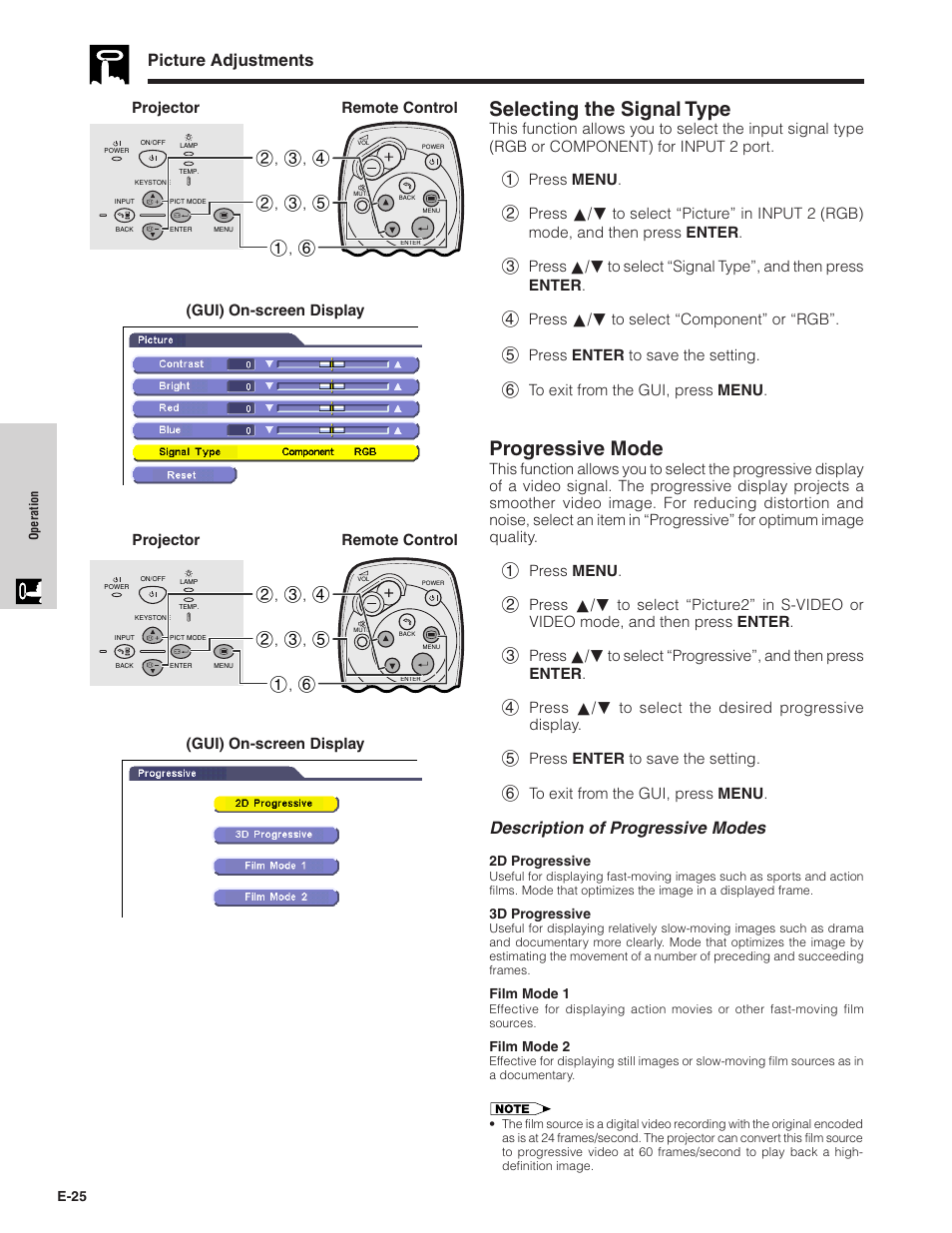Selecting the signal type, Progressive mode, Picture adjustments | Description of progressive modes, Projector remote control | Sharpvision XV-Z7000U User Manual | Page 25 / 48