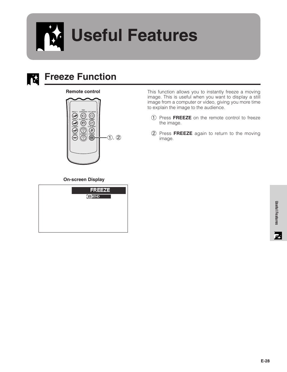 Useful features, Freeze function | Sharpvision XV-Z7000U User Manual | Page 28 / 48