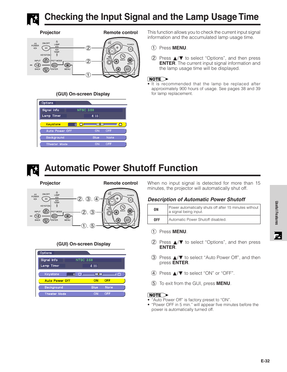 Checking the input signal and the lamp usage time, Automatic power shutoff function, Description of automatic power shutoff | Sharpvision XV-Z7000U User Manual | Page 32 / 48