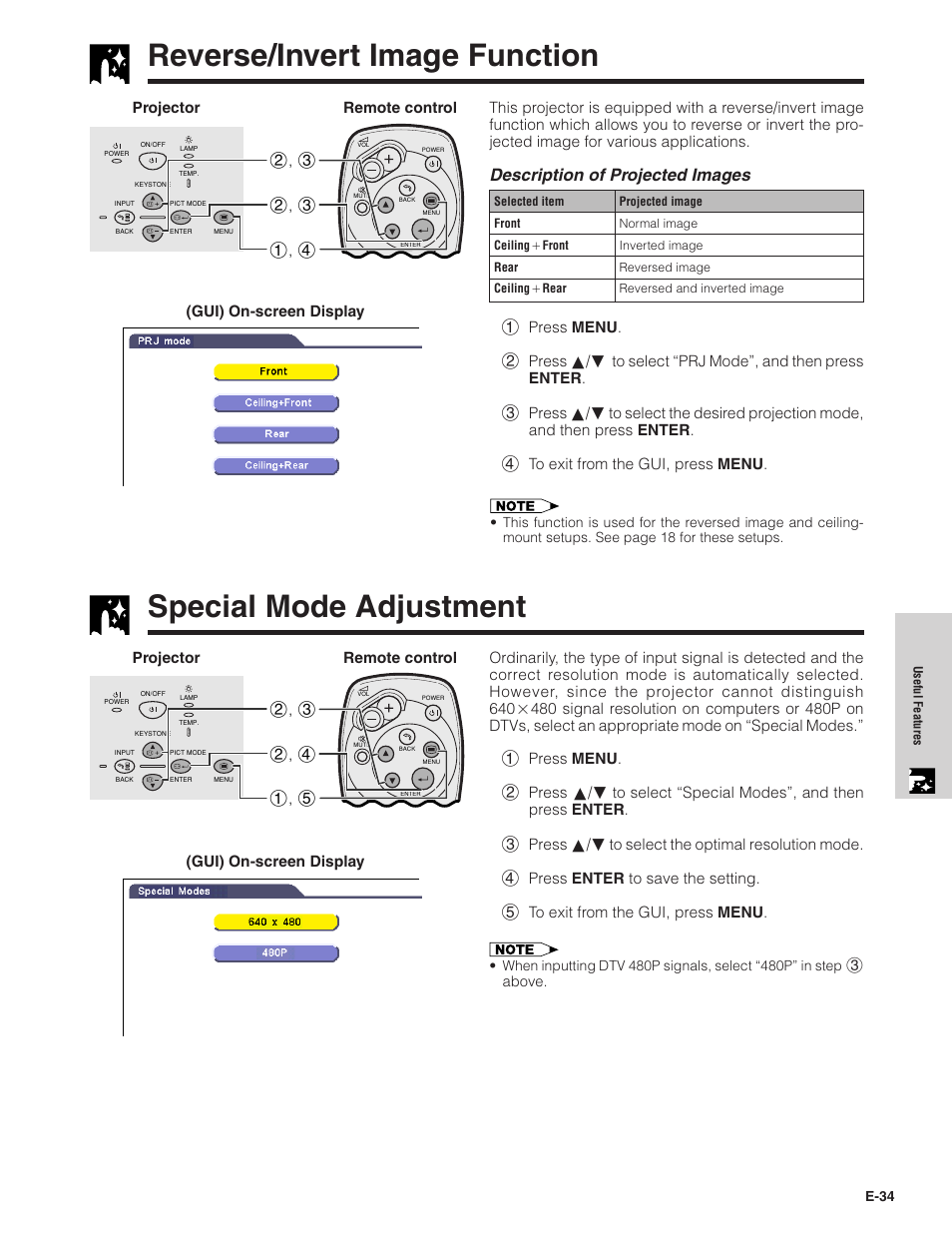 Reverse/invert image function, Special mode adjustment, Description of projected images | Projector remote control (gui) on-screen display | Sharpvision XV-Z7000U User Manual | Page 34 / 48