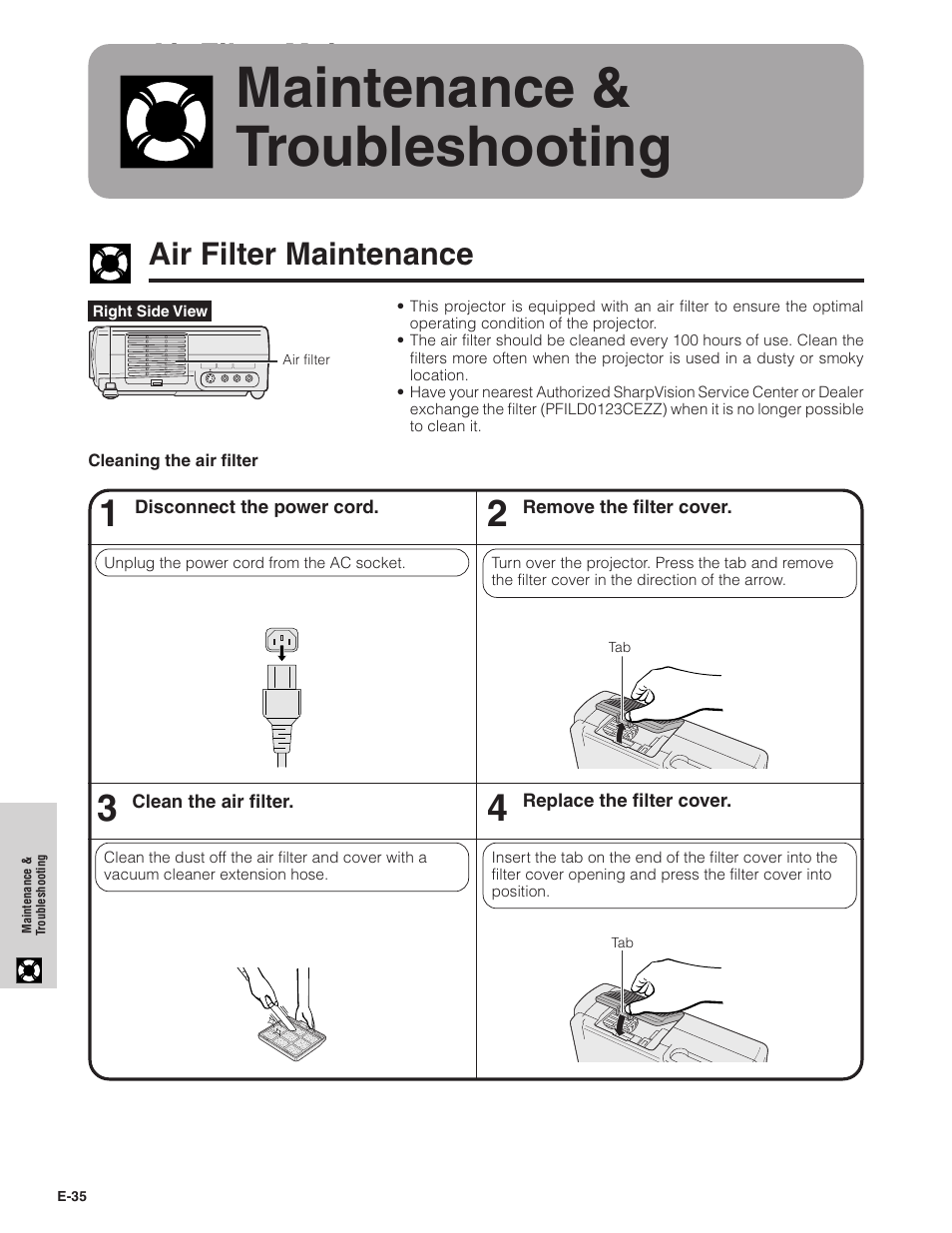 Maintenance & troubleshooting, Air filter maintenance | Sharpvision XV-Z7000U User Manual | Page 35 / 48