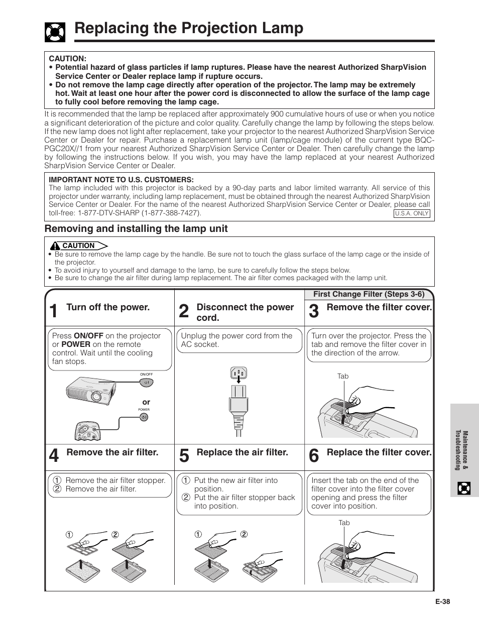 Replacing the projection lamp, Removing and installing the lamp unit | Sharpvision XV-Z7000U User Manual | Page 38 / 48