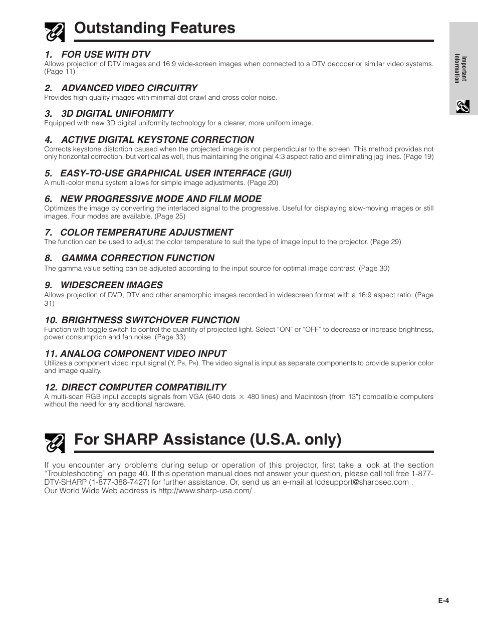 Outstanding features, For sharp assistance (u.s.a. only) | Sharpvision XV-Z7000U User Manual | Page 4 / 48