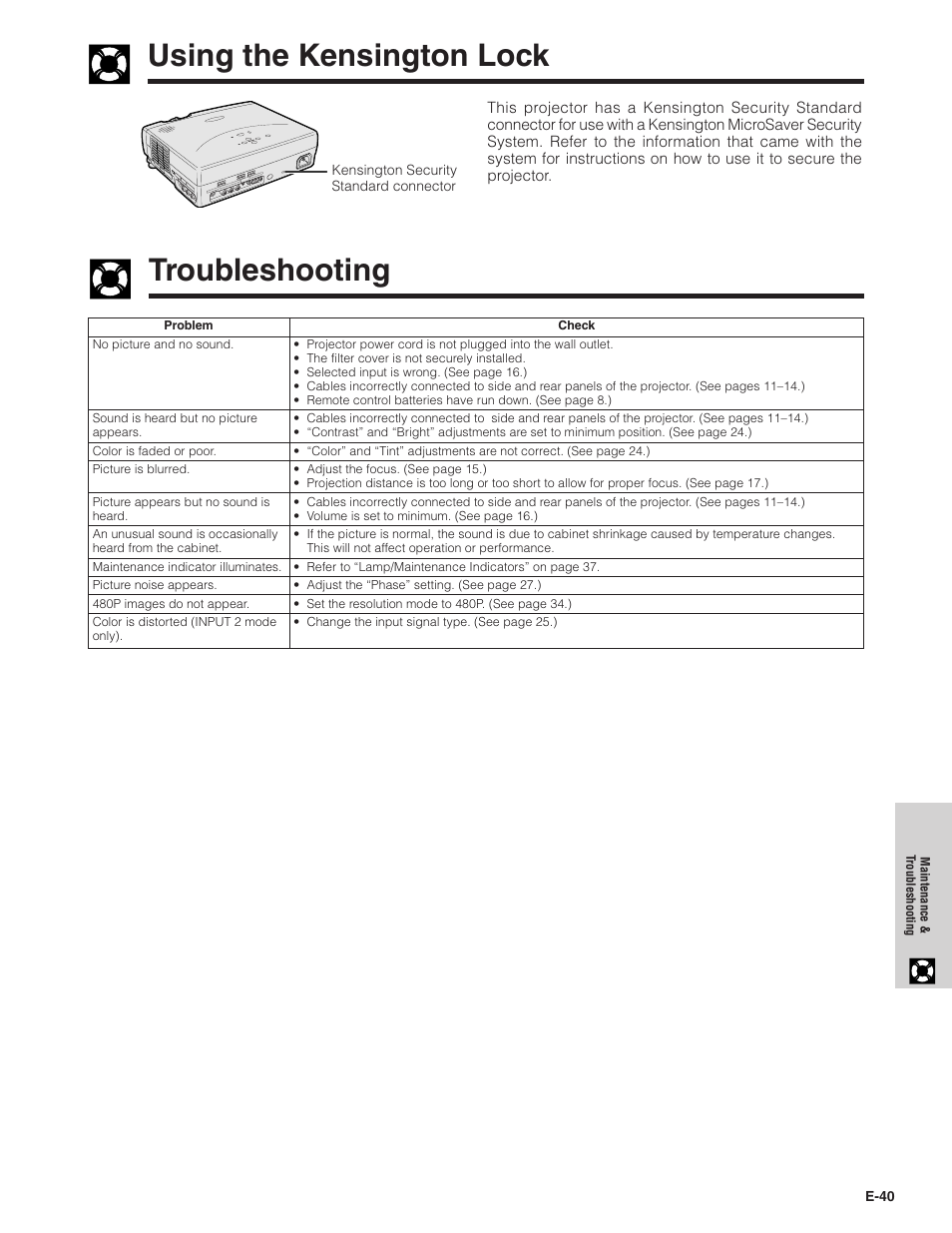 Using the kensington lock, Troubleshooting | Sharpvision XV-Z7000U User Manual | Page 40 / 48