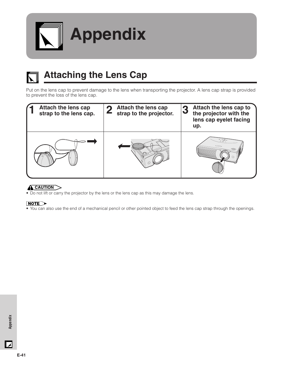 Appendix, Attaching the lens cap | Sharpvision XV-Z7000U User Manual | Page 41 / 48