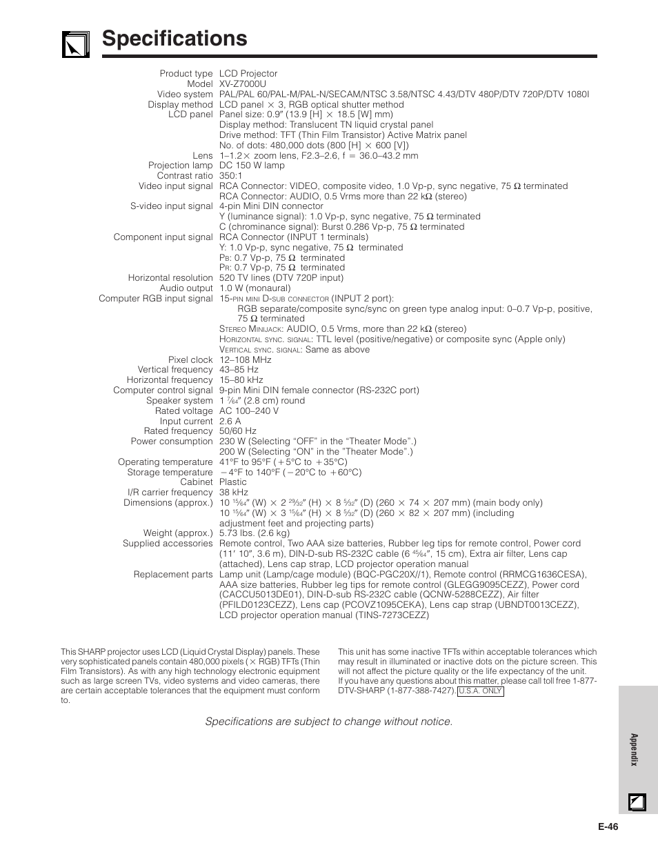 Specifications | Sharpvision XV-Z7000U User Manual | Page 46 / 48