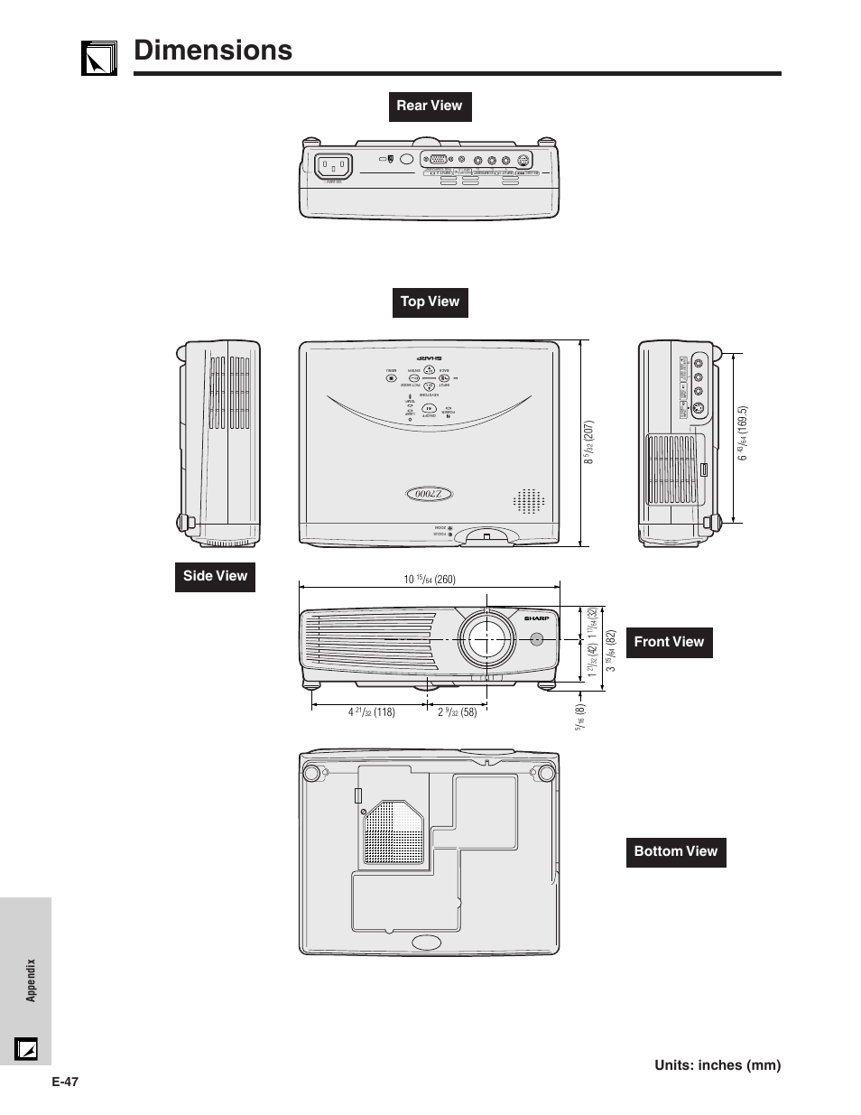 Dimensions, Units: inches (mm) top view rear view, Side view front view bottom view | E-47, Appendix | Sharpvision XV-Z7000U User Manual | Page 47 / 48