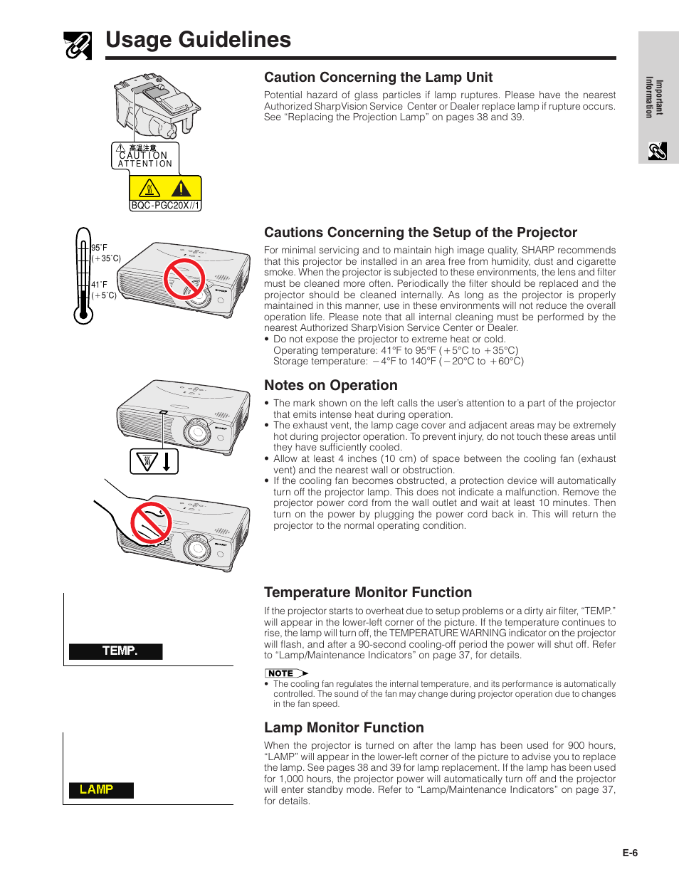Usage guidelines, Temperature monitor function, Lamp monitor function | Caution concerning the lamp unit, Cautions concerning the setup of the projector | Sharpvision XV-Z7000U User Manual | Page 6 / 48