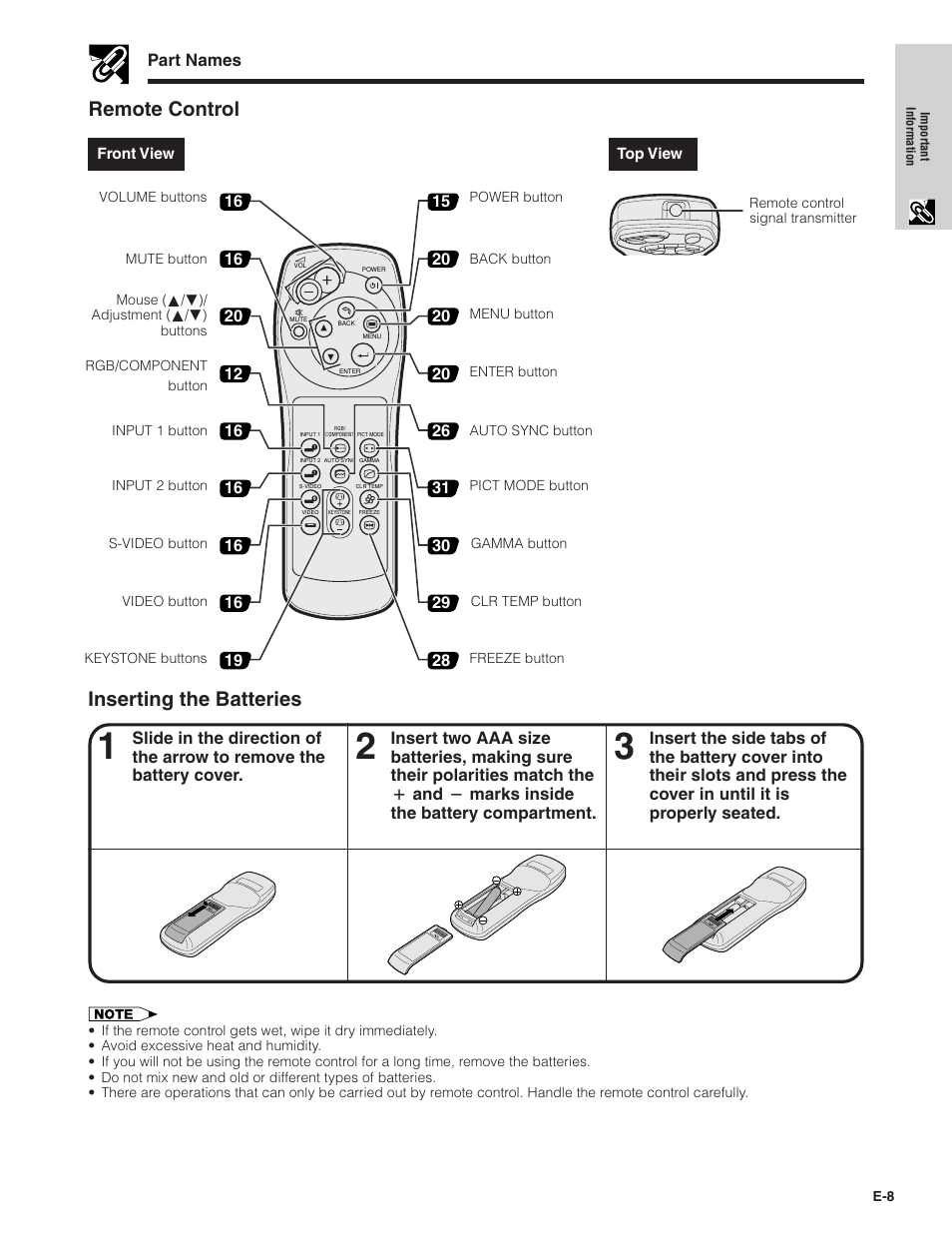 Remote control, Inserting the batteries | Sharpvision XV-Z7000U User Manual | Page 8 / 48