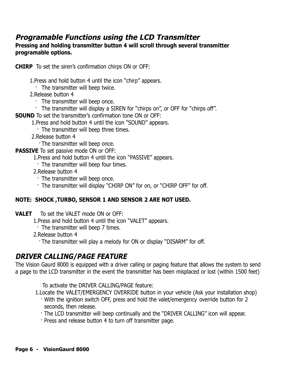 Programable functions using the lcd transmitter, Driver calling/page feature | ScyTek Electronics VISIONGUARD 8000 User Manual | Page 10 / 36