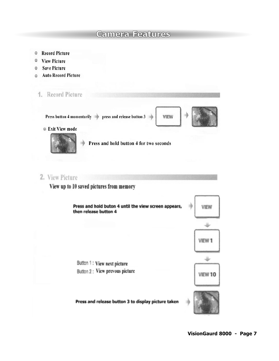 Camera features | ScyTek Electronics VISIONGUARD 8000 User Manual | Page 11 / 36