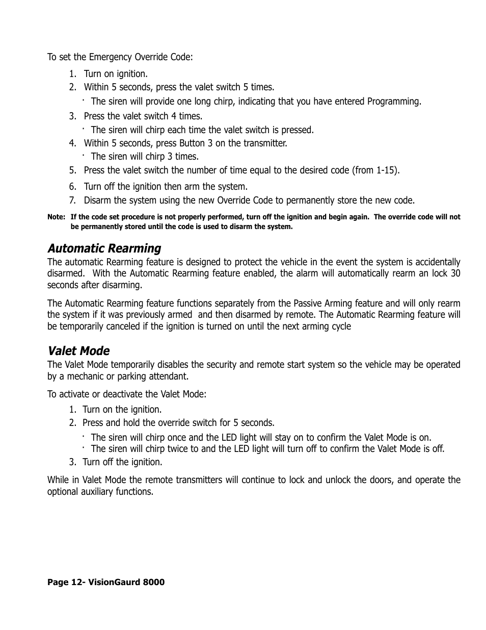 Automatic rearming, Valet mode | ScyTek Electronics VISIONGUARD 8000 User Manual | Page 16 / 36