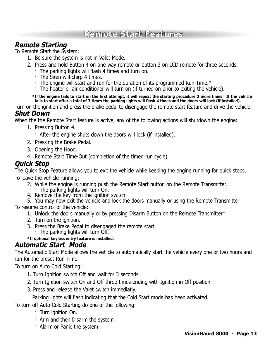 Remote start features, Remote starting, Shut down | Quick stop, Automatic start mode | ScyTek Electronics VISIONGUARD 8000 User Manual | Page 17 / 36