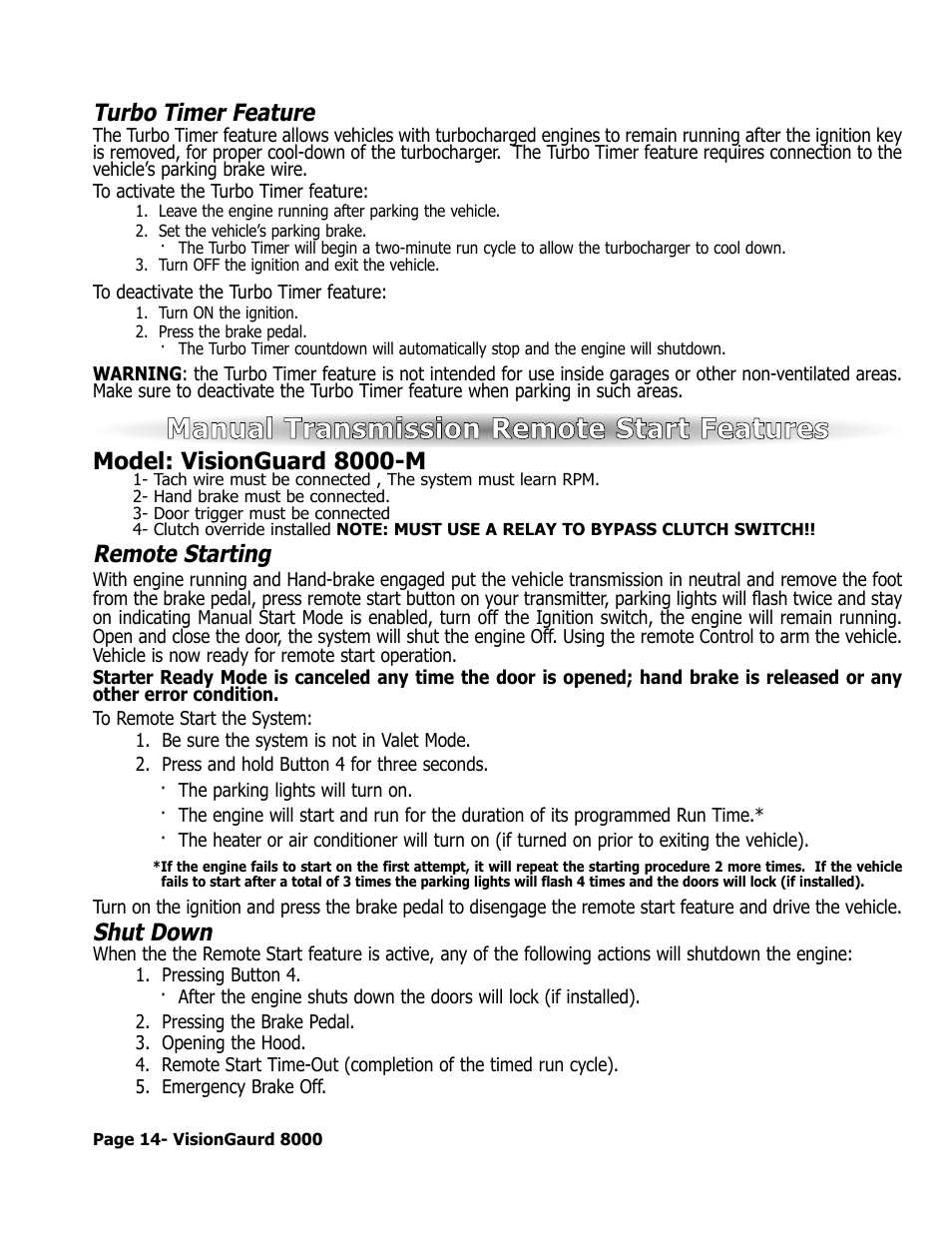 Manual transmission remote start features, Turbo timer feature, Remote starting | Shut down, Model: visionguard 8000-m | ScyTek Electronics VISIONGUARD 8000 User Manual | Page 18 / 36