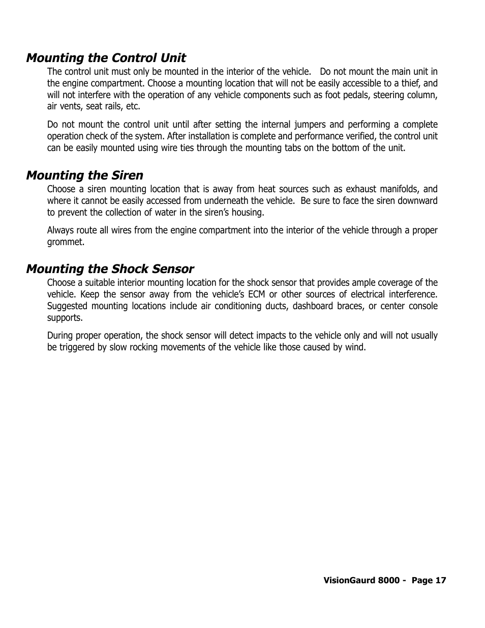 Mounting the control unit, Mounting the siren, Mounting the shock sensor | ScyTek Electronics VISIONGUARD 8000 User Manual | Page 21 / 36