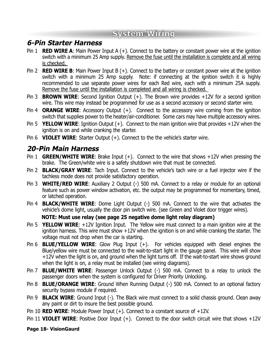 System wiring, Pin starter harness, Pin main harness | ScyTek Electronics VISIONGUARD 8000 User Manual | Page 22 / 36