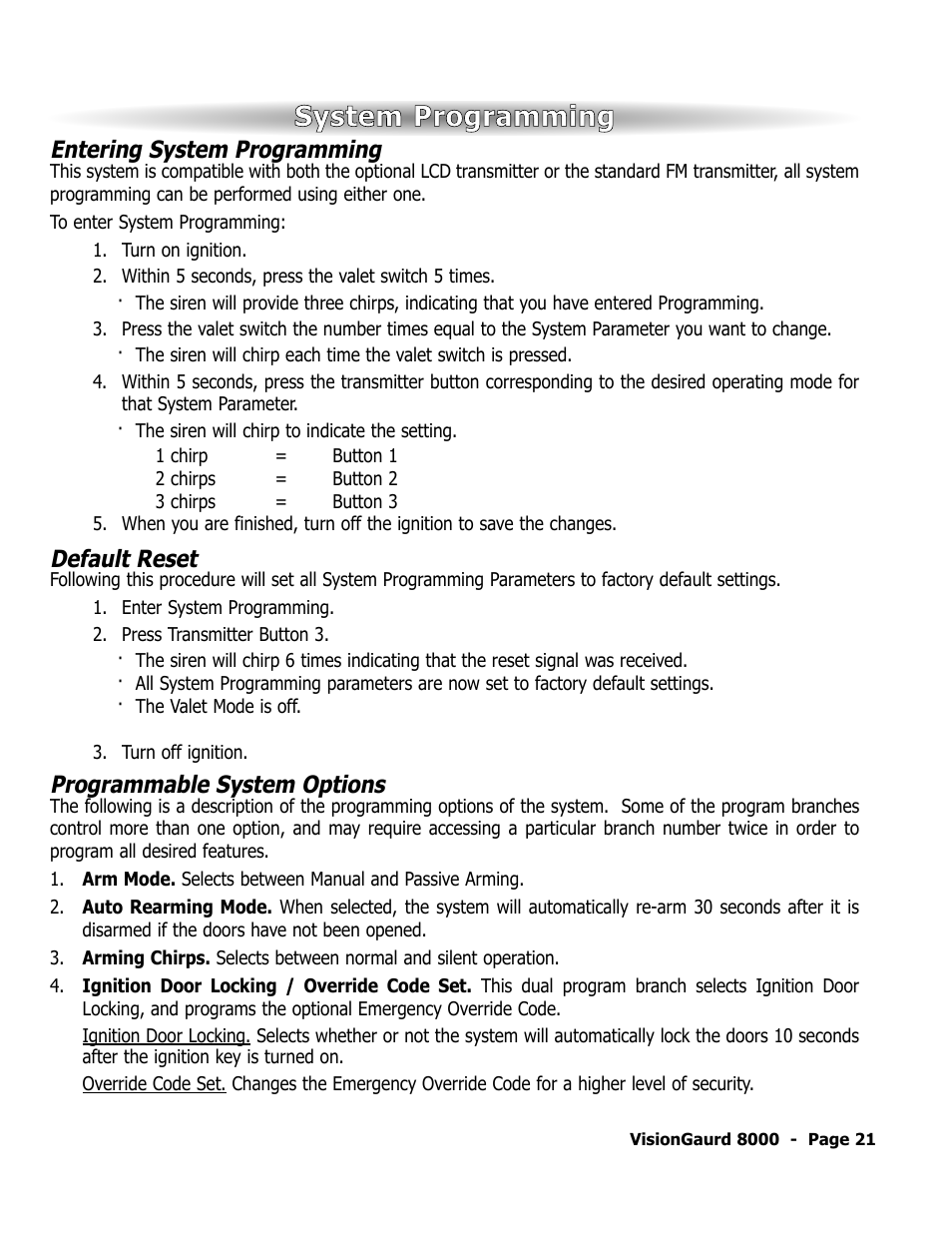 System programming, Entering system programming, Default reset | Programmable system options | ScyTek Electronics VISIONGUARD 8000 User Manual | Page 25 / 36