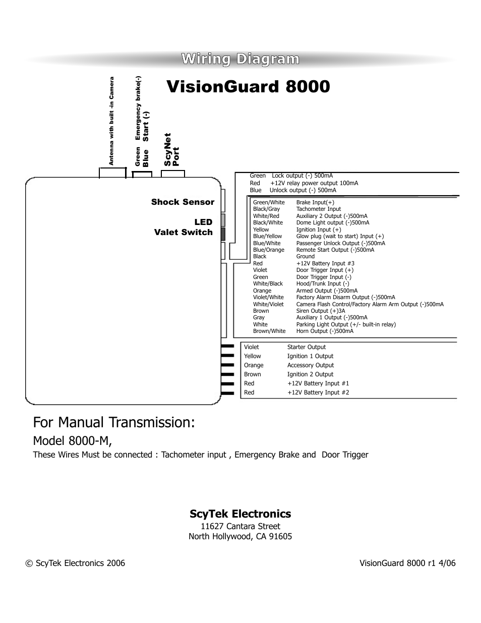 Visionguard 8000, Wiring diagram, For manual transmission | Model 8000-m, Scytek electronics | ScyTek Electronics VISIONGUARD 8000 User Manual | Page 36 / 36