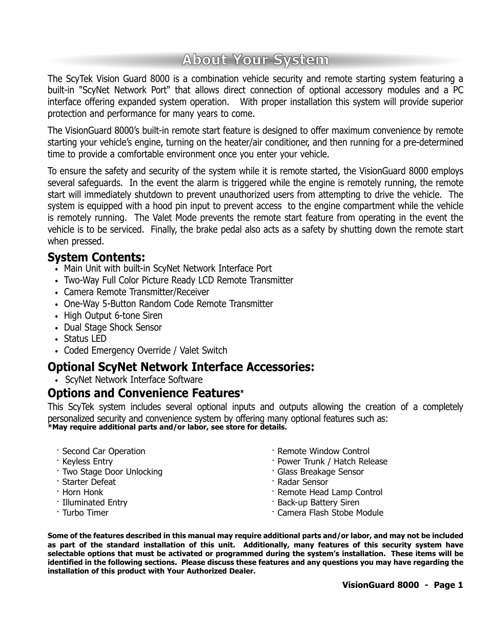 About your system, System contents, Optional scynet network interface accessories | Options and convenience features | ScyTek Electronics VISIONGUARD 8000 User Manual | Page 5 / 36