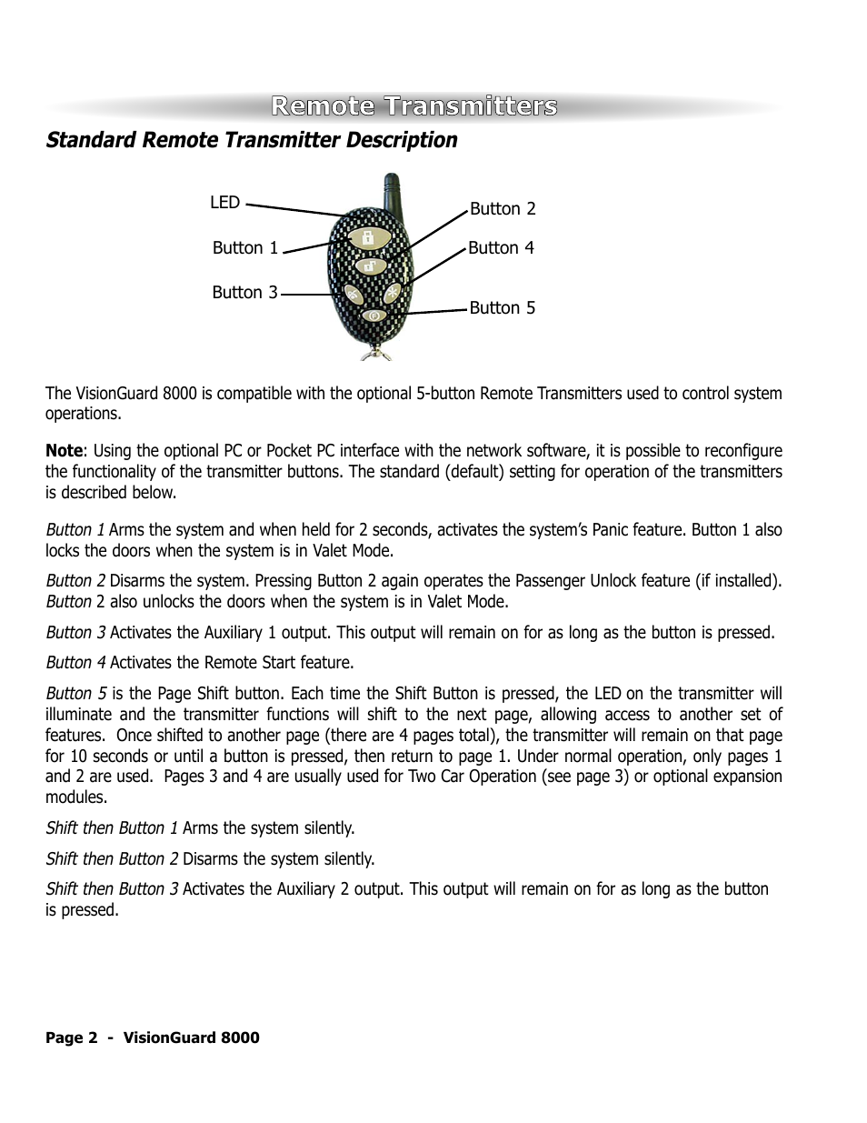 Remote transmitters, Standard remote transmitter description | ScyTek Electronics VISIONGUARD 8000 User Manual | Page 6 / 36