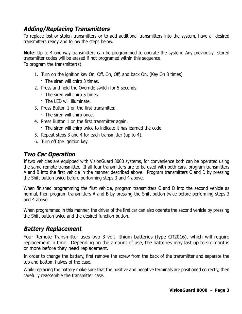 Adding/replacing transmitters, Two car operation, Battery replacement | ScyTek Electronics VISIONGUARD 8000 User Manual | Page 7 / 36