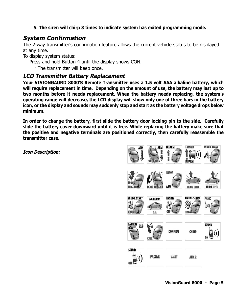 System confirmation, Lcd transmitter battery replacement | ScyTek Electronics VISIONGUARD 8000 User Manual | Page 9 / 36