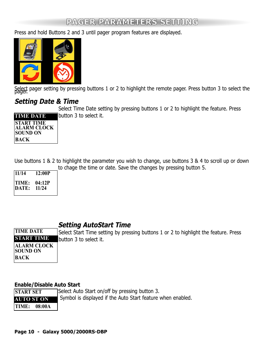Pager parameters setting, Setting date & time, Setting autostart time | ScyTek Electronics 5000RS User Manual | Page 14 / 48