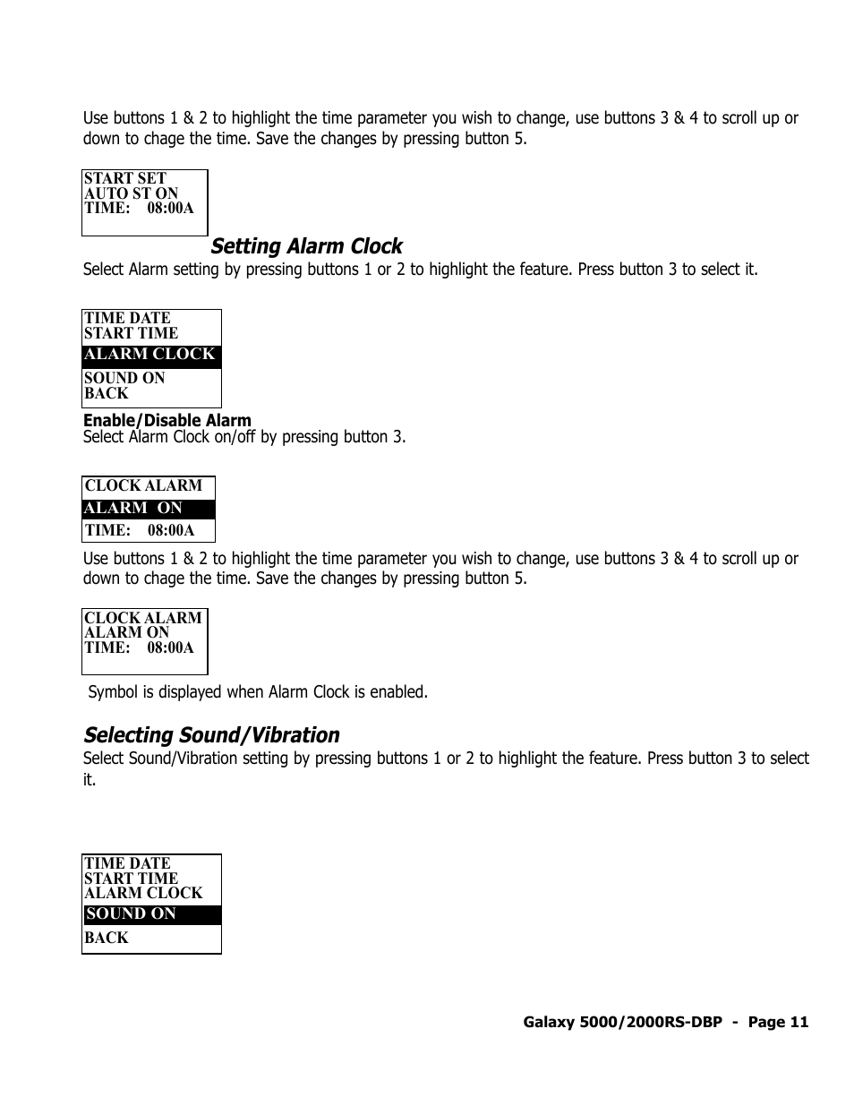 Setting alarm clock, Selecting sound/vibration | ScyTek Electronics 5000RS User Manual | Page 15 / 48