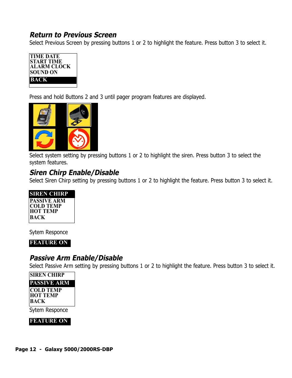 Return to previous screen, Siren chirp enable/disable, Passive arm enable/disable | ScyTek Electronics 5000RS User Manual | Page 16 / 48