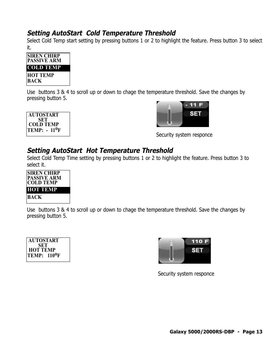 Setting autostart cold temperature threshold, Setting autostart hot temperature threshold | ScyTek Electronics 5000RS User Manual | Page 17 / 48