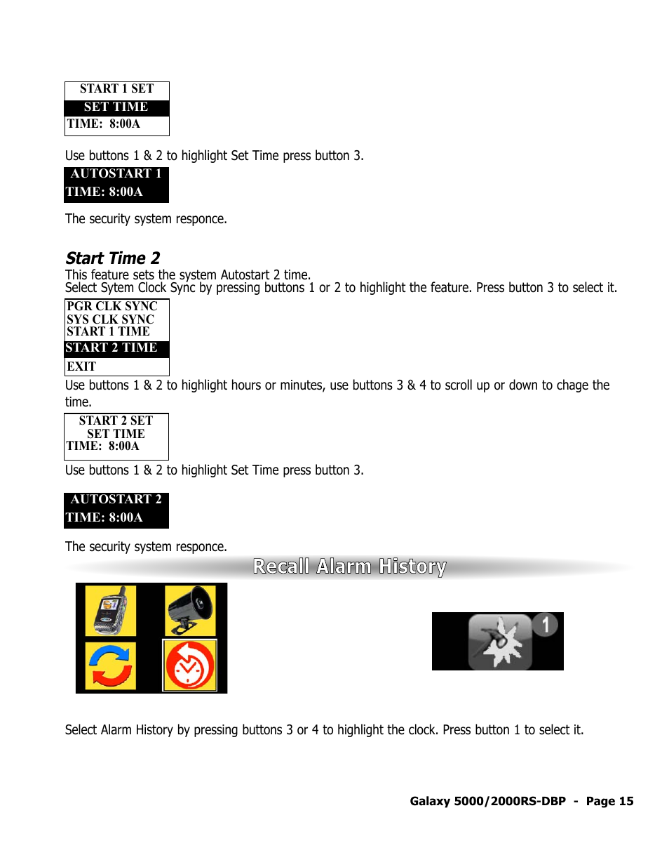 Recall alarm history, Start time 2 | ScyTek Electronics 5000RS User Manual | Page 19 / 48