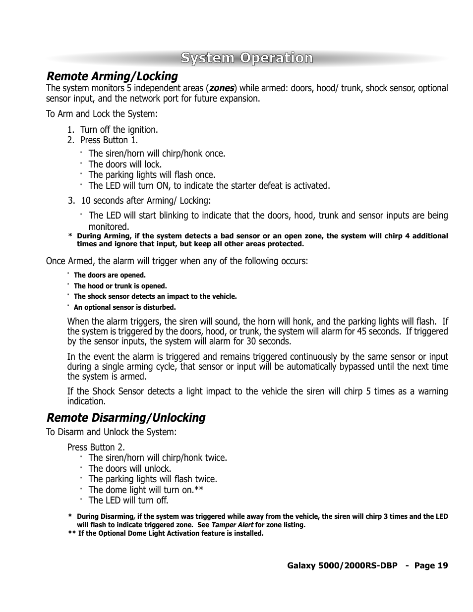 System operation, Remote arming/locking, Remote disarming/unlocking | ScyTek Electronics 5000RS User Manual | Page 23 / 48