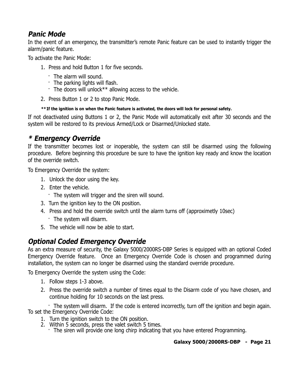Panic mode, Emergency override, Optional coded emergency override | ScyTek Electronics 5000RS User Manual | Page 25 / 48