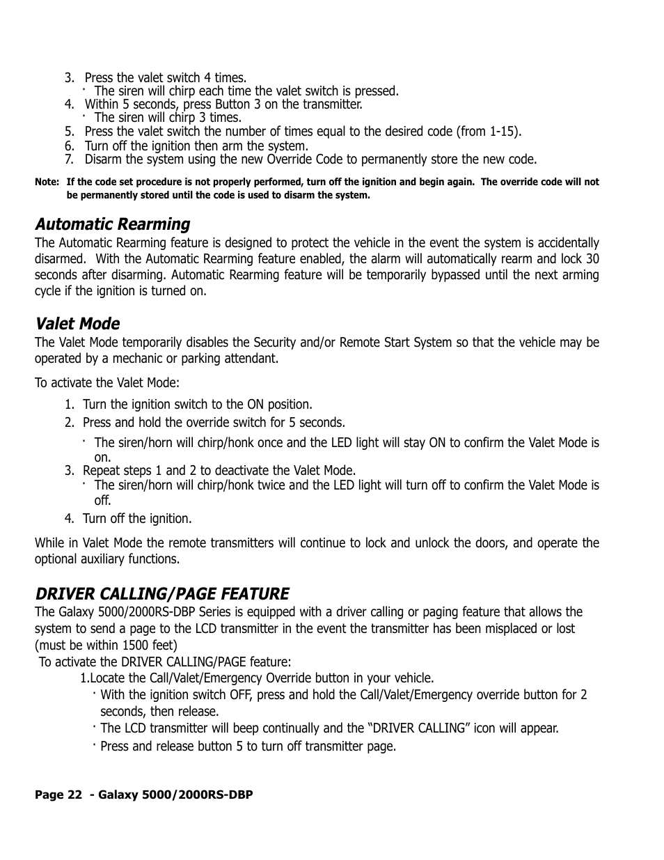 Automatic rearming, Valet mode, Driver calling/page feature | ScyTek Electronics 5000RS User Manual | Page 26 / 48