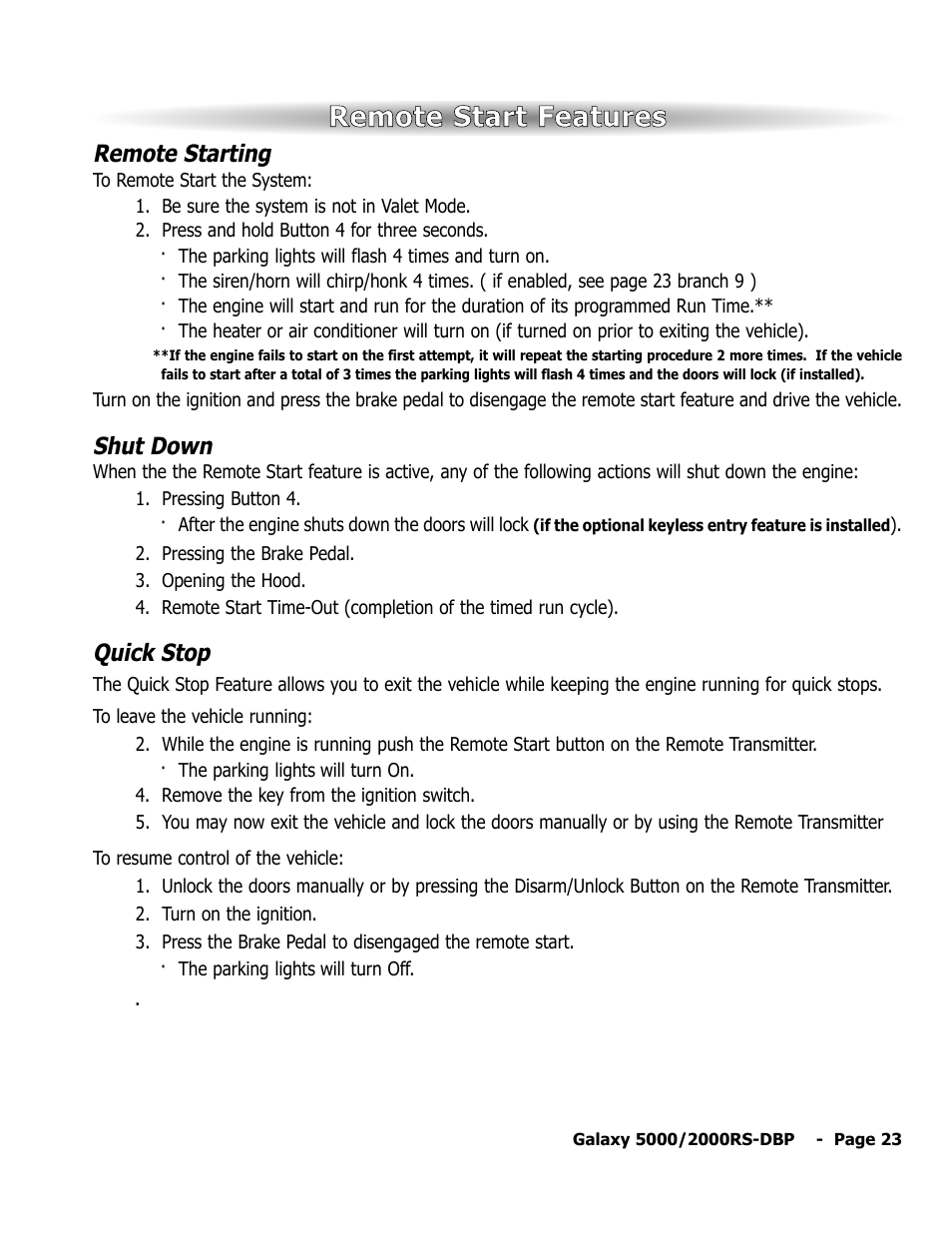 Remote start features, Remote starting, Shut down | Quick stop | ScyTek Electronics 5000RS User Manual | Page 27 / 48